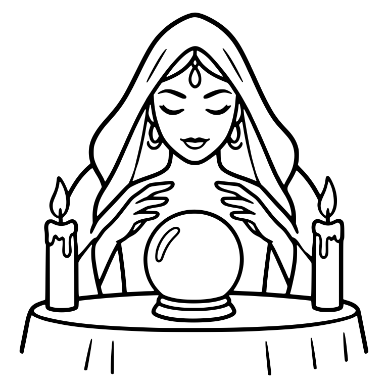 Veiled Fortune Teller at Candlelit Crystal Ball Table — free characters SVG cut file