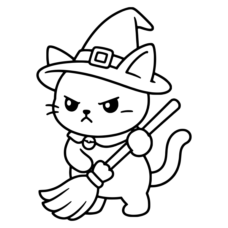 Angry Witch Kitten Standing With Broom And Bell Collar — free animal SVG cut file