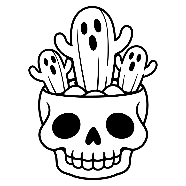 Skull Planter With Three Ghost-Faced Cacti — free skeleton SVG cut file