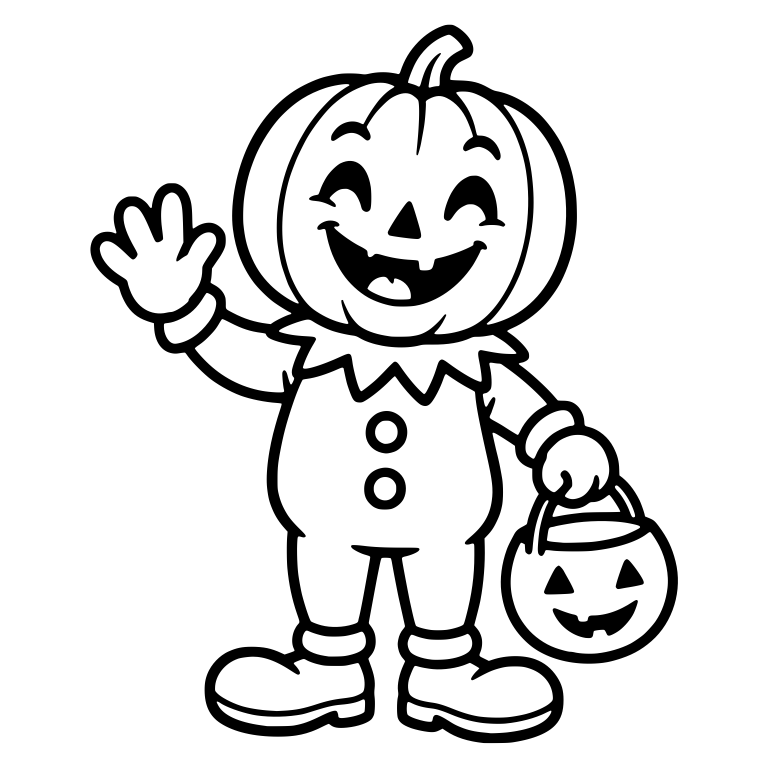 Retro Pumpkin Head Kid Waving With Candy Bucket — free characters SVG cut file