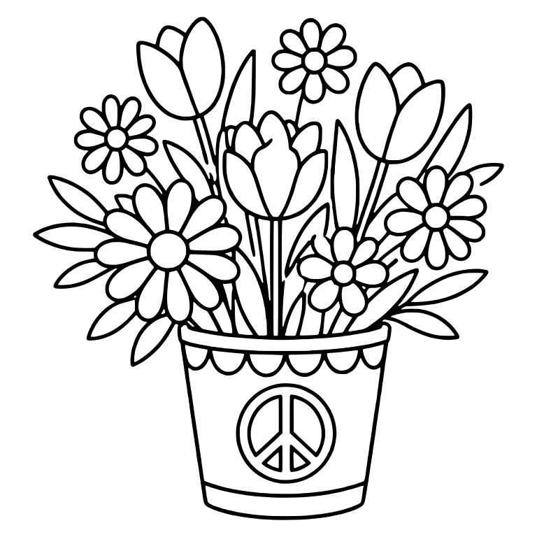 Tulip and Daisy Bouquet in Flower Pot with Peace Sign — free floral SVG cut file