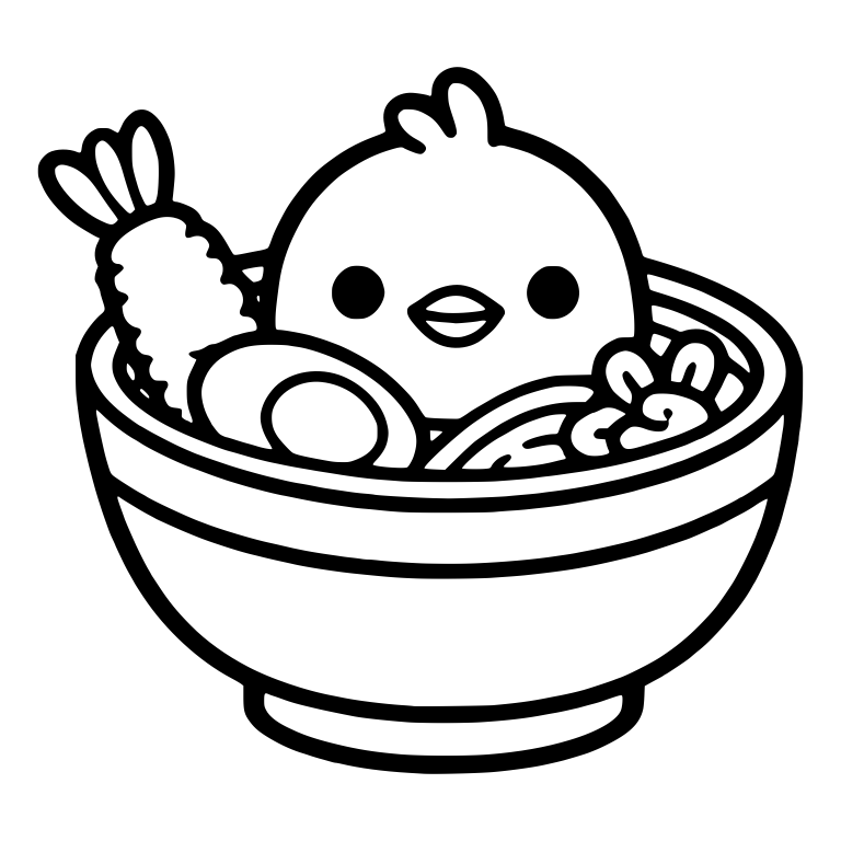 Baby Chick In Ramen Bowl With Shrimp Tempura And Egg — free animal SVG cut file
