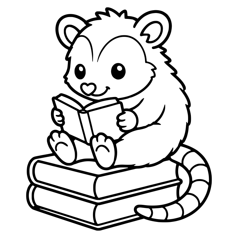 Opossum Reading a Book While Sitting on a Book Stack — free animal SVG cut file