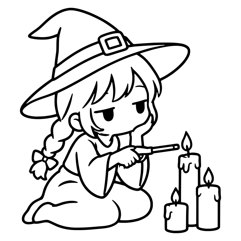 Bored Witch Lighting Three Candles With Wand And Braid — free characters SVG cut file