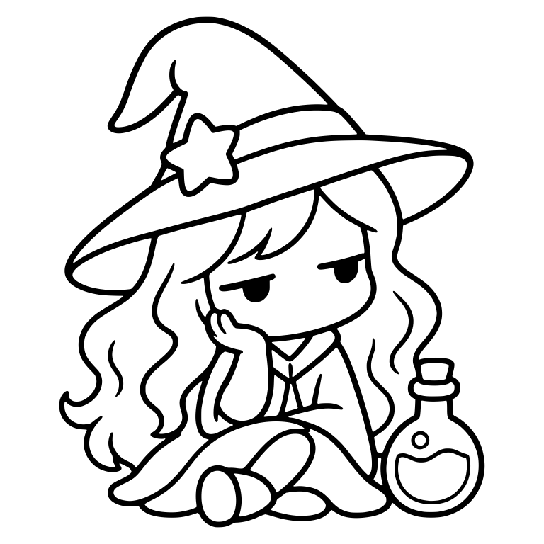 Bored Witch with Potion Bottle and Star Hat, Chin on Hand — free characters SVG cut file