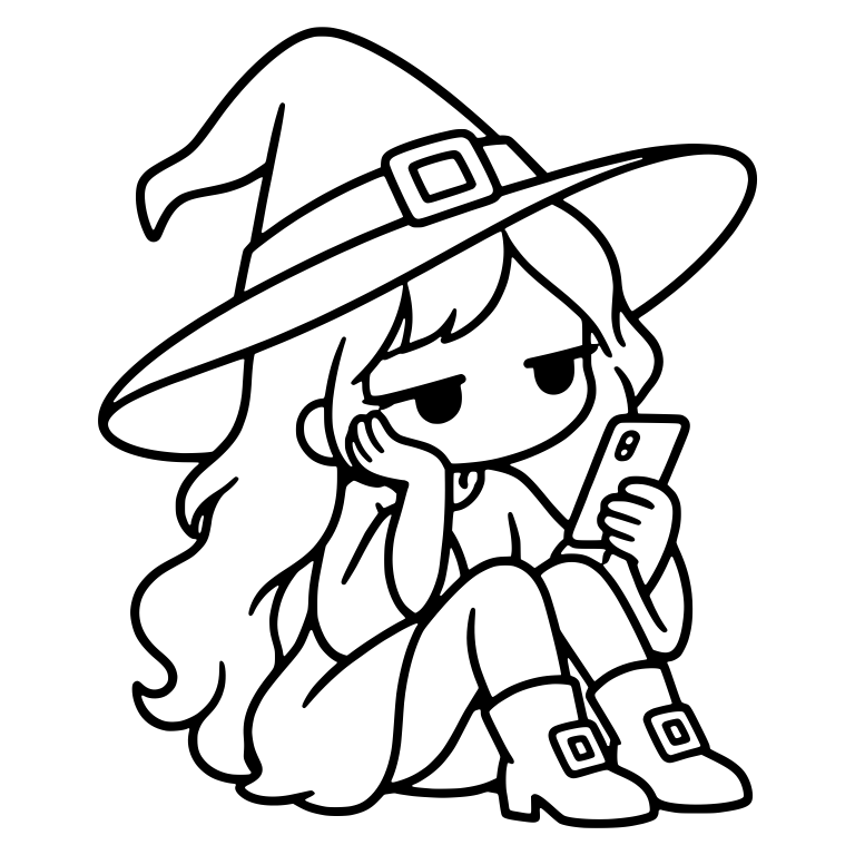 Bored Witch Sitting with Cheek in Hand Holding Phone — free characters SVG cut file