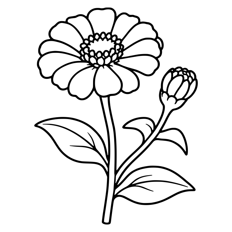 Zinnia Flower and Side Bud on a Leafy Stem — free floral SVG cut file