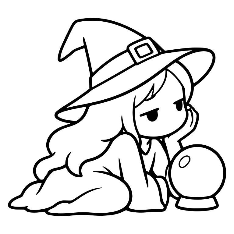 Bored Witch Resting Chin on Hand Beside Crystal Ball — free characters SVG cut file