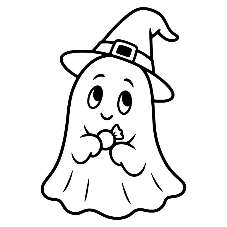 Ghost in Witch Hat Holding Wrapped Candy — free fantasy-creature SVG cut file