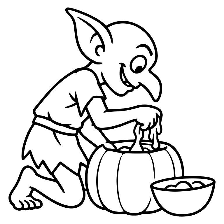 Kneeling Goblin Scooping Pumpkin Guts into Bowl — free fantasy-creature SVG cut file