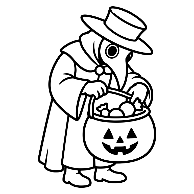 Plague Doctor Bending Over a Candy-Filled Pumpkin Bucket — free characters SVG cut file