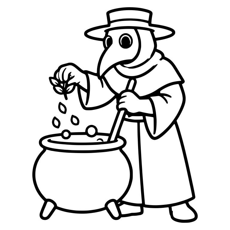 Plague Doctor Sprinkling Herbs into Cauldron — free characters SVG cut file
