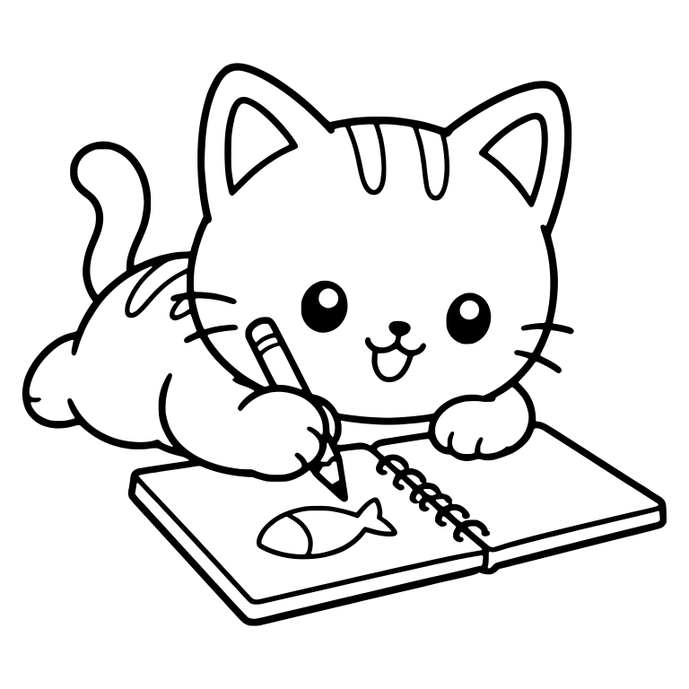 Kawaii Kitten Lying Down Drawing a Fish in a Sketchbook — free animal SVG cut file