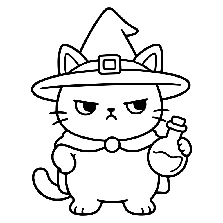 Grumpy Witch Kitten Holding Potion Bottle In Buckle Hat — free animal SVG cut file