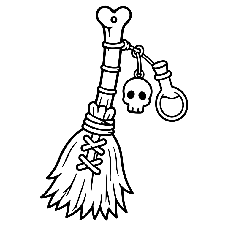 Bone Handle Broom with Skull Charm and Potion Flask — free objects SVG cut file