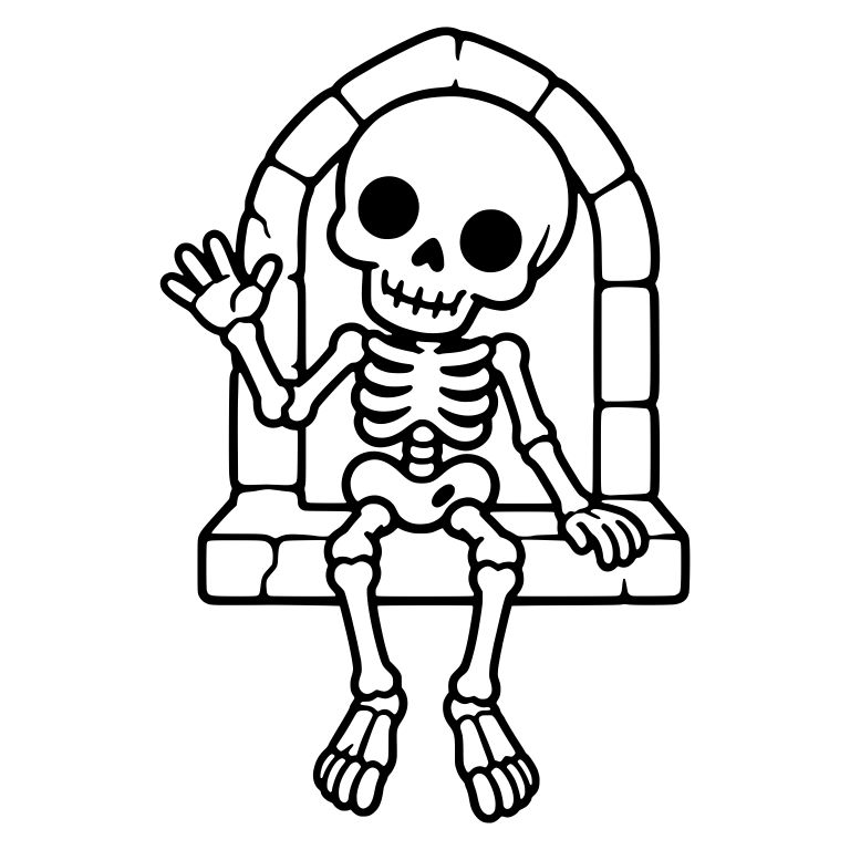 Waving Skeleton Sitting on a Stone Ledge Under an Arch — free skeleton SVG cut file