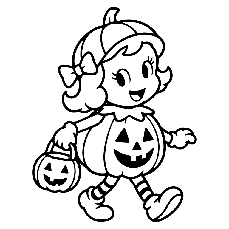 Retro Girl in Pumpkin Costume With Candy Pail — free characters SVG cut file