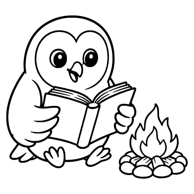 Seated Owl Reading Book with Campfire on Right — free animal SVG cut file