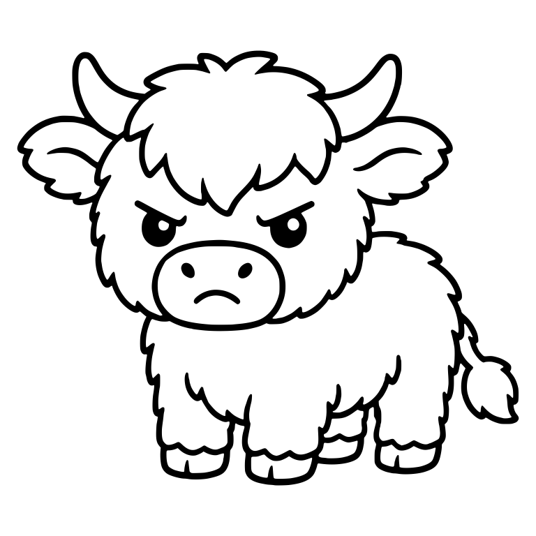 Scowling Fluffy Highland Calf Standing Front View — free animal SVG cut file