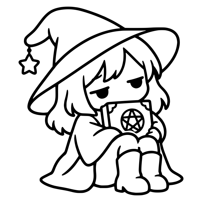 Bored Witch Hugging Pentagram Spellbook, Star Hat Charm — free characters SVG cut file