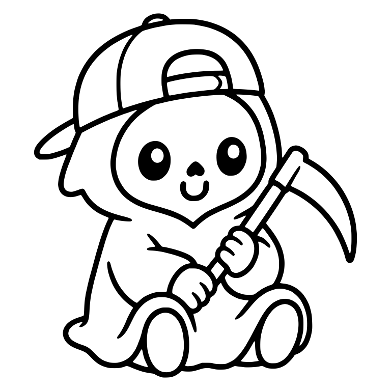 Big-Eyed Grim Reaper Sitting In Backwards Cap With Scythe — free characters SVG cut file