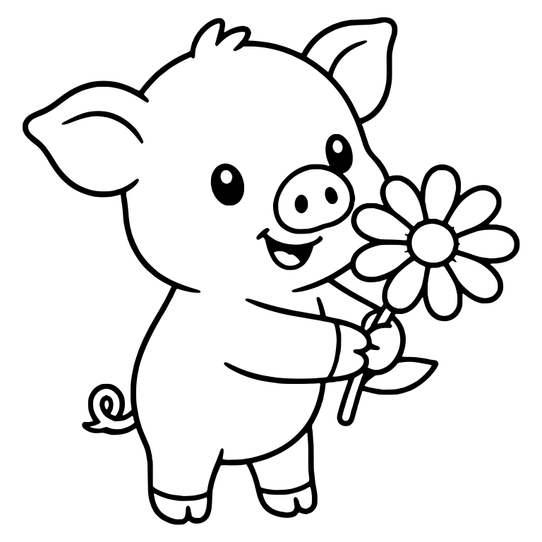 Piglet Holding a Big Daisy with Both Hands — free animal SVG cut file