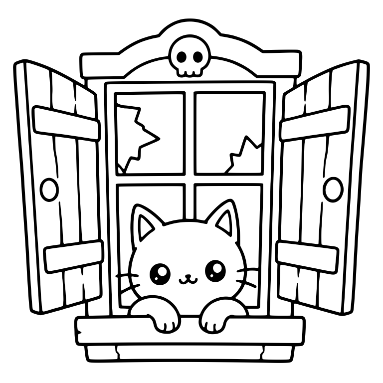 Cat Peeking From Shuttered Window With Skull Above — free animal SVG cut file