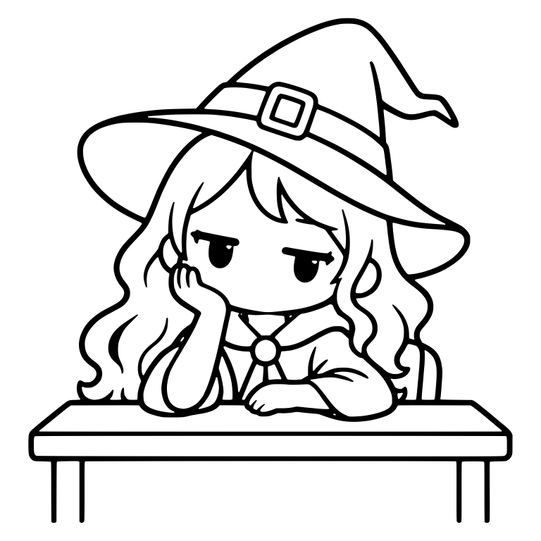 Bored Witch Leaning On Desk With Chin In Hand — free characters SVG cut file