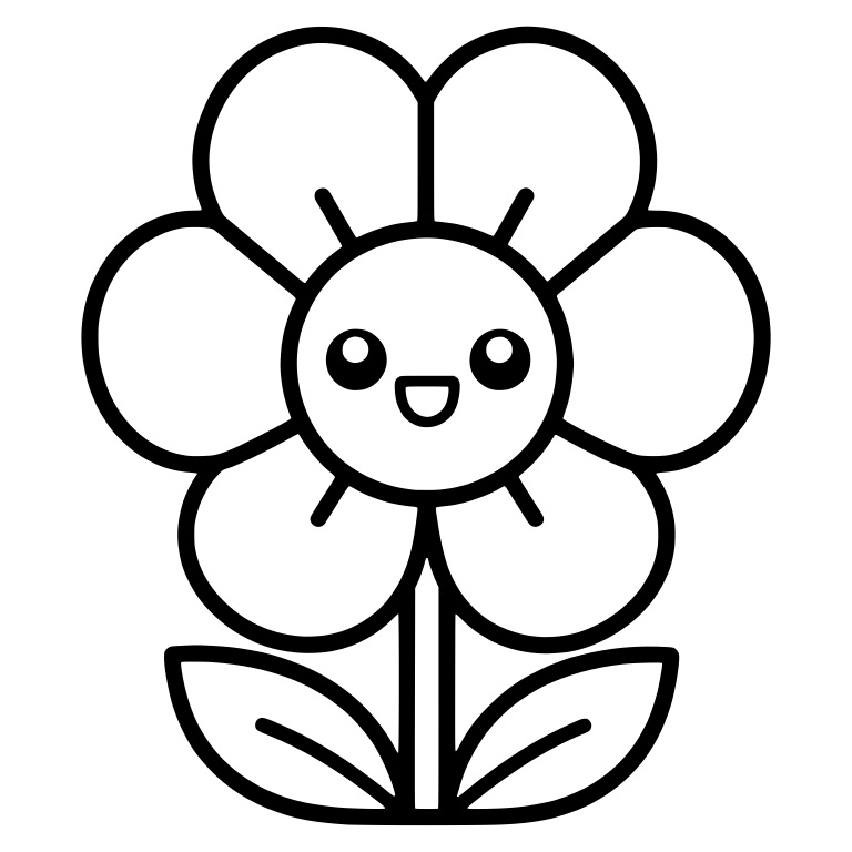 Kawaii Round Petal Flower With Short Rays And Leaves — free floral SVG cut file