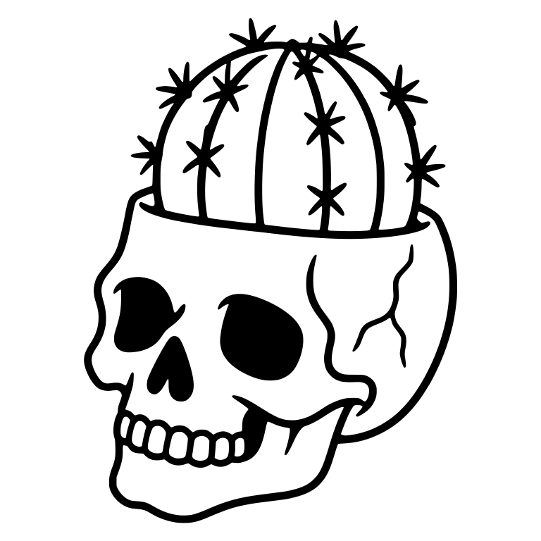Cracked Left-Facing Skull Planter with Barrel Cactus — free skeleton SVG cut file