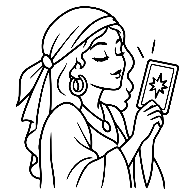 Fortune Teller in Profile Holding Starburst Tarot Card — free characters SVG cut file