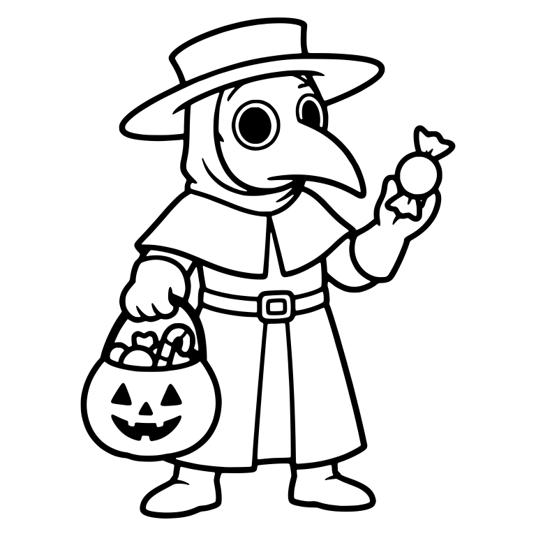 Plague Doctor Showing Wrapped Candy with Pumpkin Pail — free characters SVG cut file