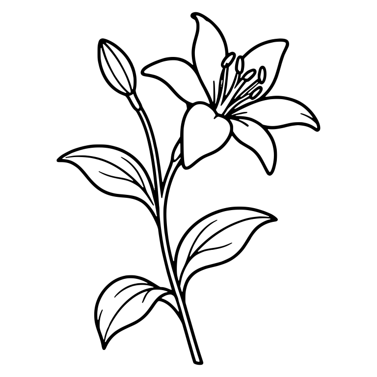 Lily Bloom with Long Stamens and Side Bud on Leafy Stem — free floral SVG cut file