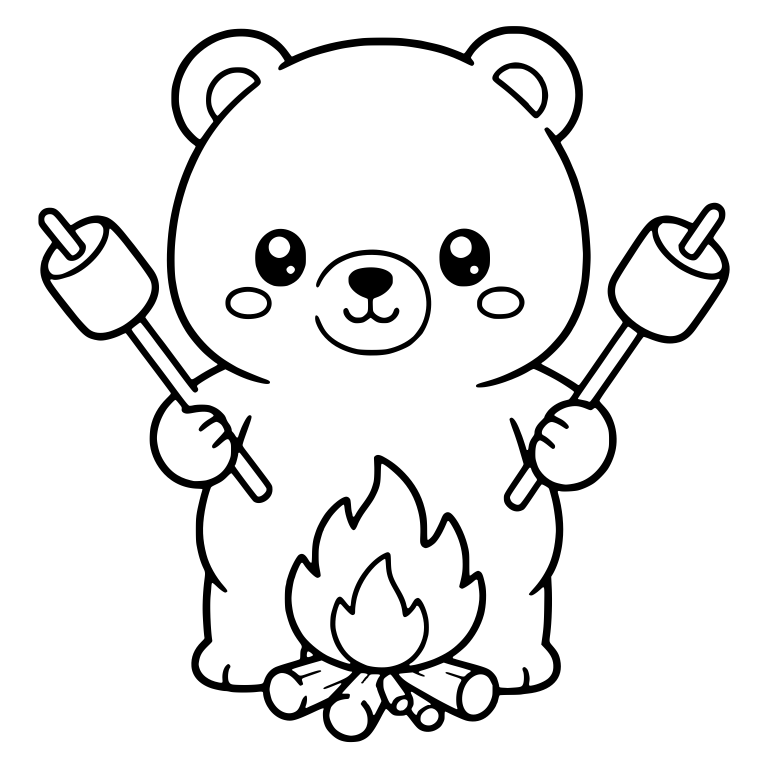 Standing Bear Holding Two Marshmallow Sticks and Campfire — free animal SVG cut file