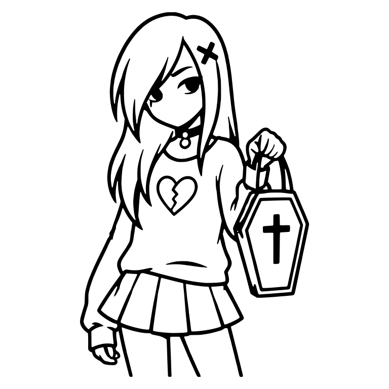Emo Girl Holding Coffin Purse in Broken Heart Sweater — free characters SVG cut file