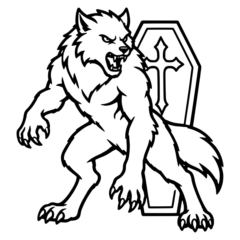 Werewolf Snarling In Front Of Cross-Marked Coffin — free fantasy-creature SVG cut file