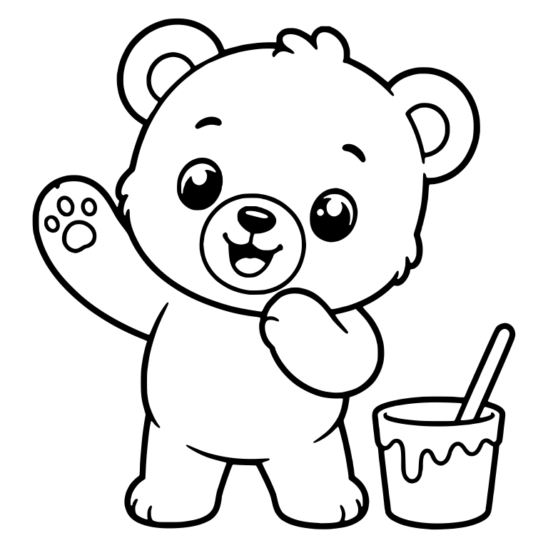 Kawaii Bear Cub Waving Next to a Bucket of Paint — free animal SVG cut file