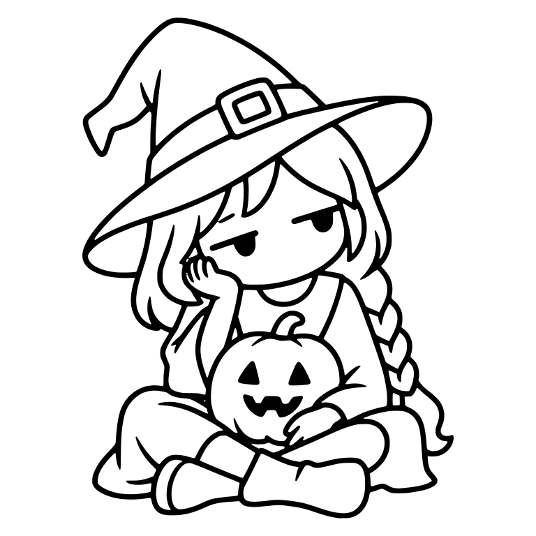 Bored Witch Sitting Cross-Legged With Pumpkin and Braid — free characters SVG cut file