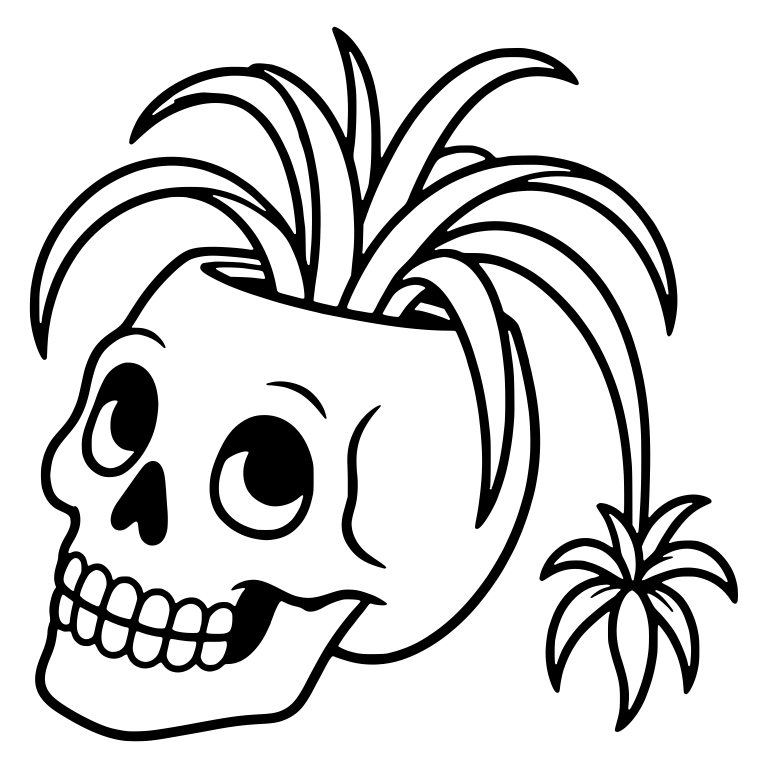 Tilted Skull Planter With Dangling Spider Plant Baby — free skeleton SVG cut file