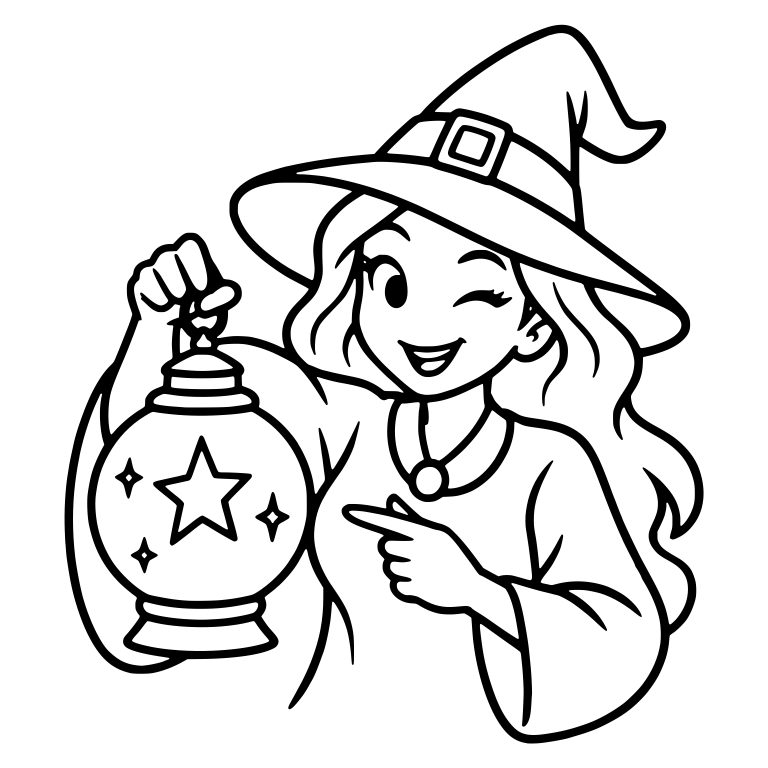 Winking Witch Pointing with Star Lantern — free characters SVG cut file