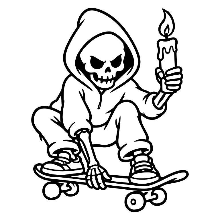 Hooded Skeleton Crouching On Skateboard With Candle — free skeleton SVG cut file