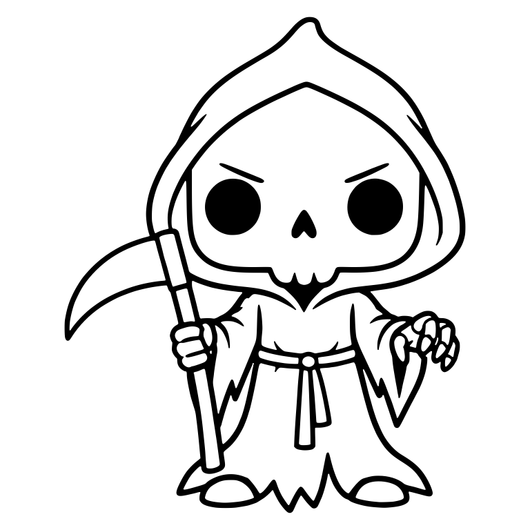 Scowling Chibi Grim Reaper with Rope Belt and Short Scythe — free characters SVG cut file