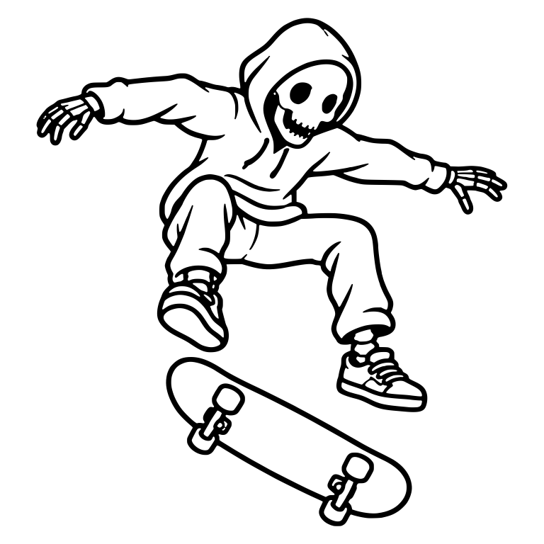 Hooded Skeleton Kickflip Over Flipped Board — free skeleton SVG cut file