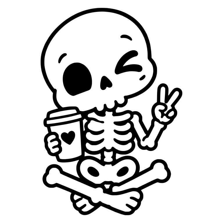 Winking Skeleton with Heart Latte Cup Making Peace Sign — free skeleton SVG cut file
