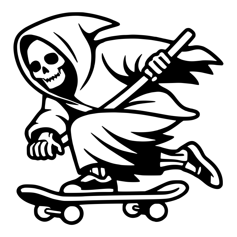 Hooded Reaper Skateboarding in Sneakers with Scythe Staff — free characters SVG cut file