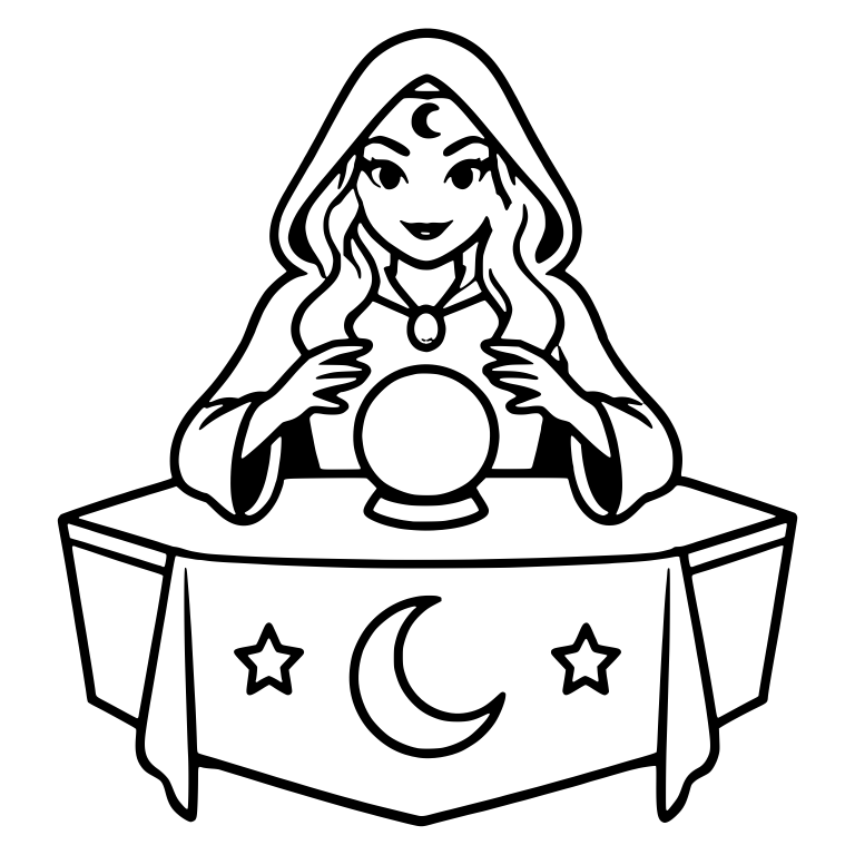 Hooded Fortune Teller With Crystal Ball and Moon Tablecloth — free characters SVG cut file