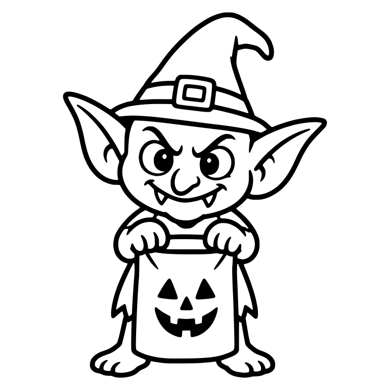 Grinning Goblin in Witch Hat Holding Pumpkin Treat Bag — free fantasy-creature SVG cut file