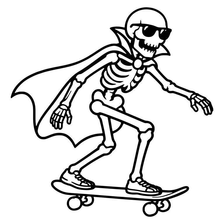 Skeleton in Vampire Cape and Sunglasses Skateboarding — free skeleton SVG cut file