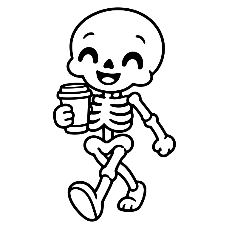 Laughing Kawaii Skeleton Walking with To-Go Coffee Cup — free skeleton SVG cut file