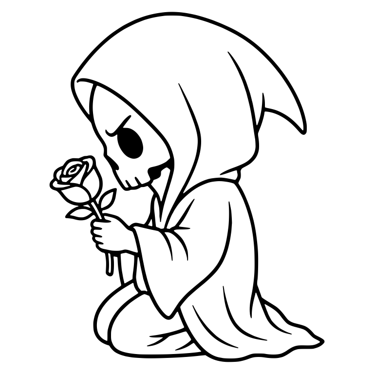 Kneeling Chibi Reaper Smelling a Single Rose in Profile — free characters SVG cut file